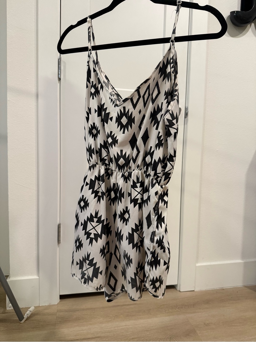 Black & White Geometric Spaghetti-Strap Shorts Romper